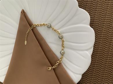 Vip Gold Zirkon Taşlı Mavi Nazar Top Sıralı Bileklik