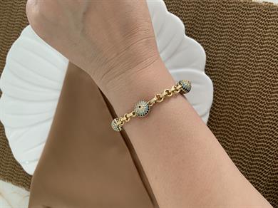 Vip Gold Zirkon Taşlı Mavi Nazar Top Sıralı Bileklik