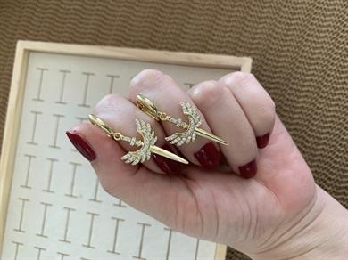 Vip Gold Zirkon Taşlı Melek Kanatlı Halka Küpe
