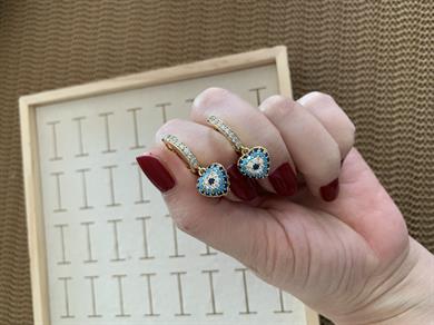 Vip Gold Zirkon Taşlı Nazar Kalp Sallantılı Küpe