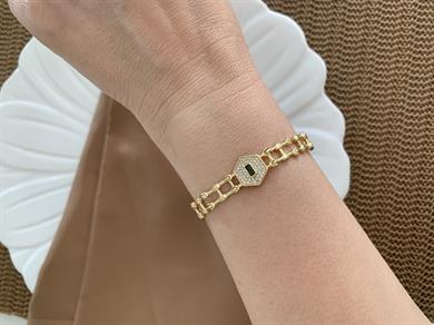 Vip Gold Zirkon Taşlı Ortası Beşgen Yeşil Taşlı Bileklik