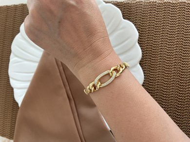 Vip Gold Zirkon Taşlı Ortası Oval İç İçe Geçe Zincir Bileklik