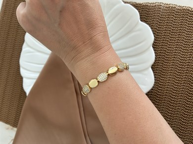 Vip Gold Zirkon Taşlı Plaka Daire Sıralı Bileklik
