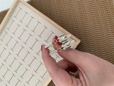 Vip Gold Zirkon Taşlı Siyah Mineli Charm Tasarım Küpe
