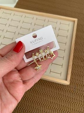 Vip Gold  Zirkon Taşlı Tasarım Yıldız Üçlü Set Küpe