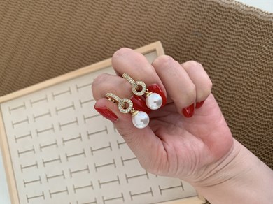Vip Gold Zirkon Taşlı Top İnci Sallantılı Küpe