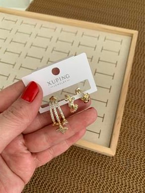 Vip Gold  Zirkon Taşlı Üç Sıra Tasarım Yıldız Üçlü Set Küpe
