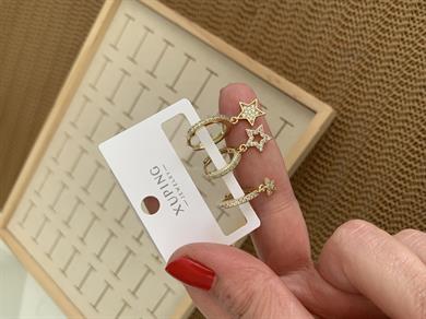 Vip Gold Zirkon Taşlı Yıldız Sallantılı Üçlü Set Halka Küpe