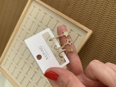 Vip Gold Zirkon Taşlı Yıldız Sallantılı Üçlü Set Halka Küpe