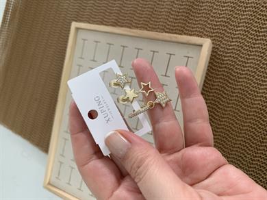Vip Gold Zirkon Taşlı Yıldız Sallantılı Üçlü Set Küpe