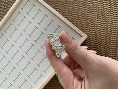 Vip Gold Zirkon Ve Baget Detaylı Kalp Küpe