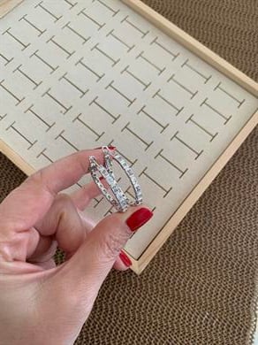 Vip Gümüş 3 Cm Kare Baget Taş Sıralı Halka Küpe