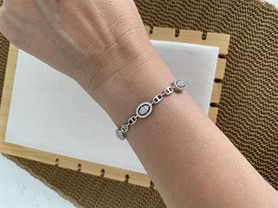 Vip Gümüş Düğme Zincir Zirkon taşlı Oval Sıralı Bileklik 