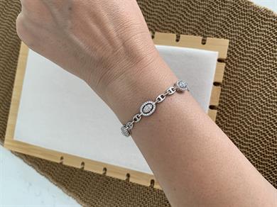 Vip Gümüş Düğme Zincir Zirkon taşlı Oval Sıralı Bileklik 