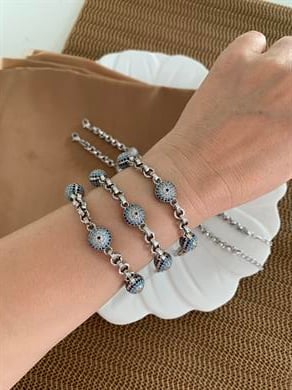 Vip Gümüş Mavi Nazar Top Sıralı Bileklik
