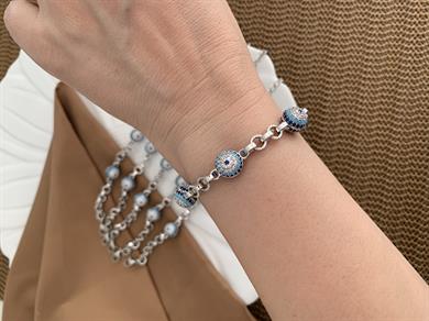 Vip Gümüş Zirkon Taşlı Mavi Nazar Sıralı Bileklik