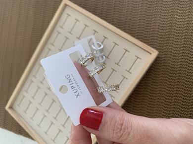 Vip Kare Baget Taş Sıralı Üçlü Set Halka Küpe