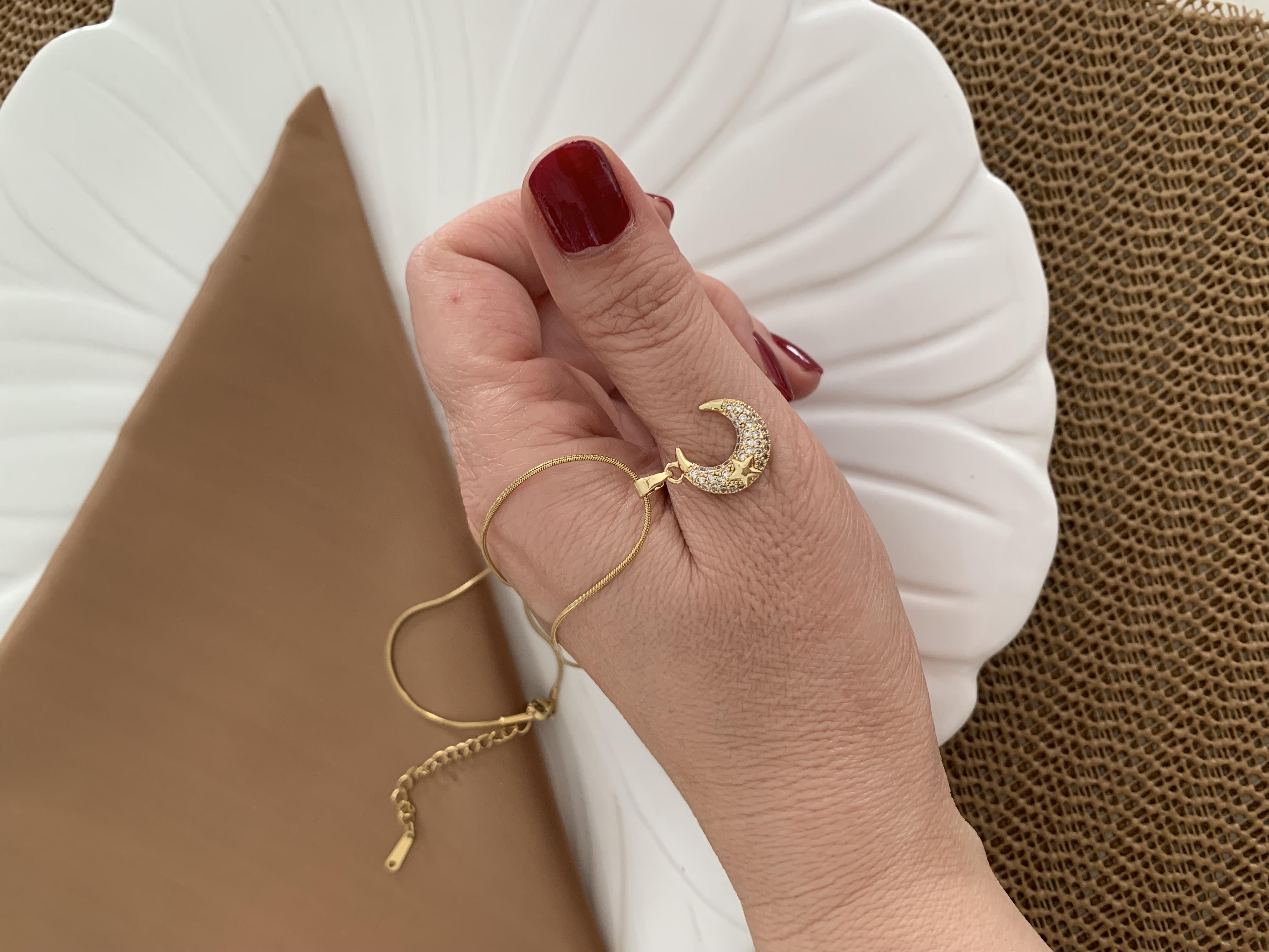 Çelik Gold İtalyan Zincir Zirkon Taşlı Ay Kolye