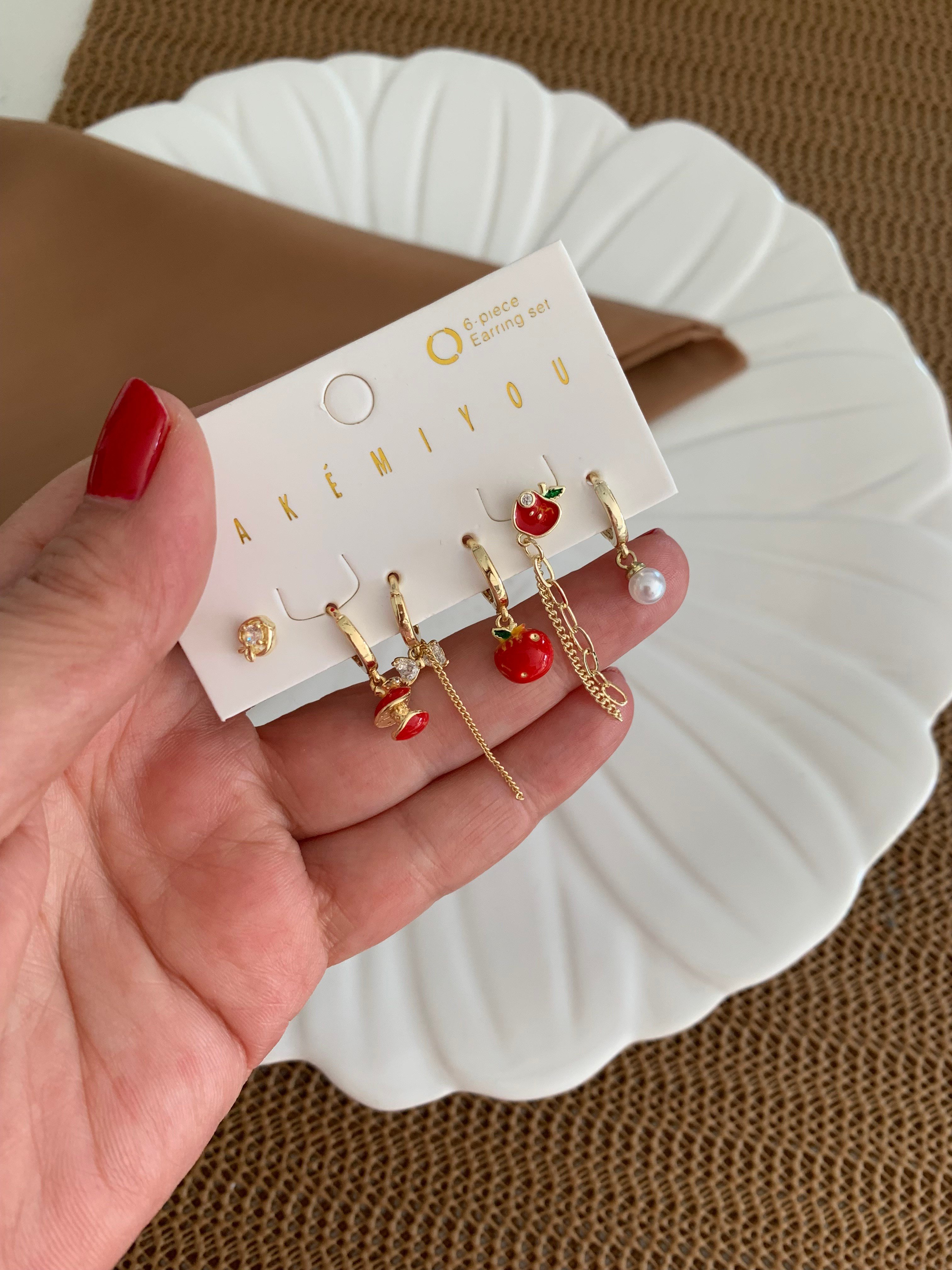 Özel Seri Gold Elma İnci Charm 6 LI Set Halka Küpe