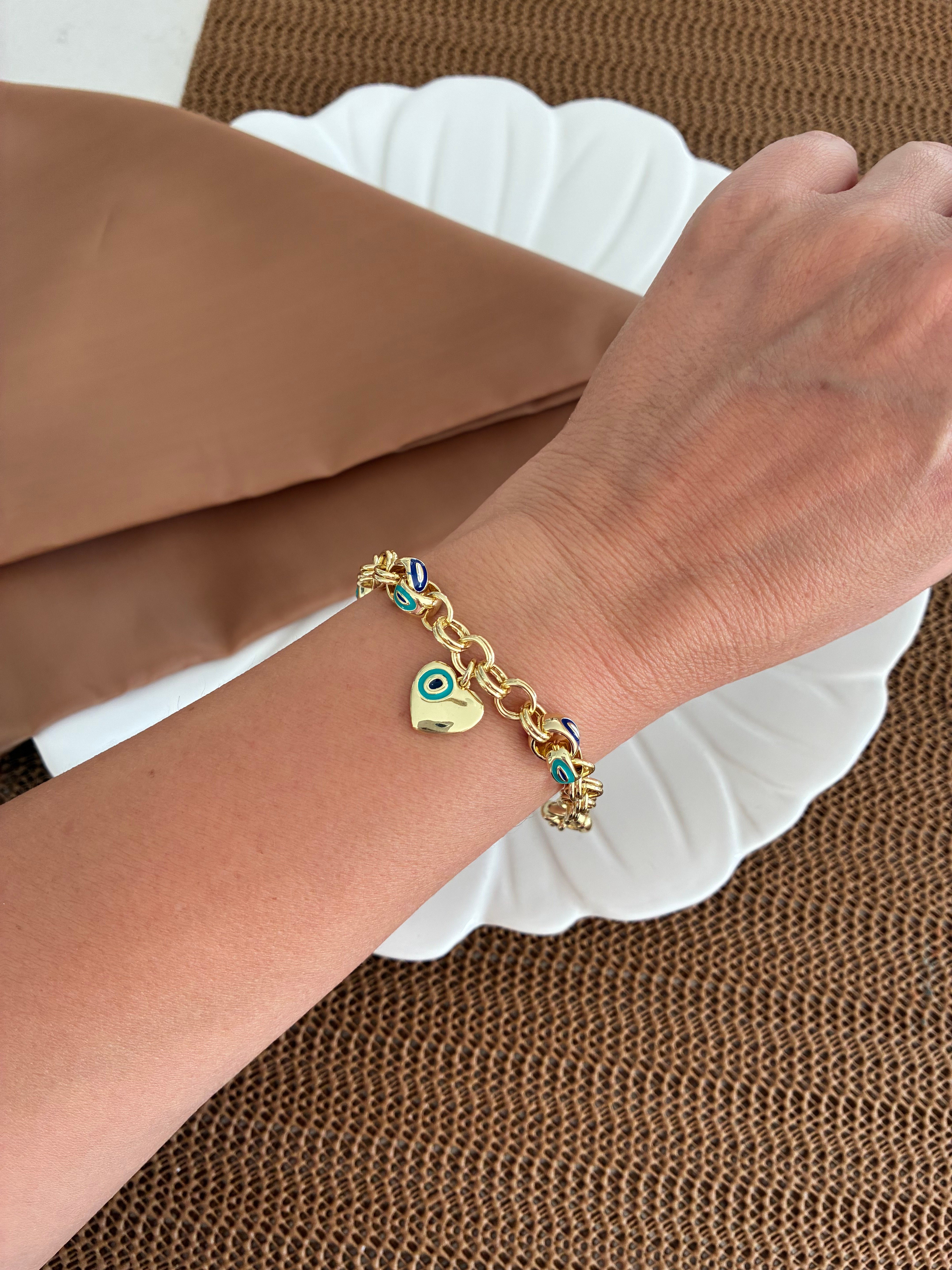 Özel Seri Gold Nazar Kalp Charm Dümen Uçlu Bileklik