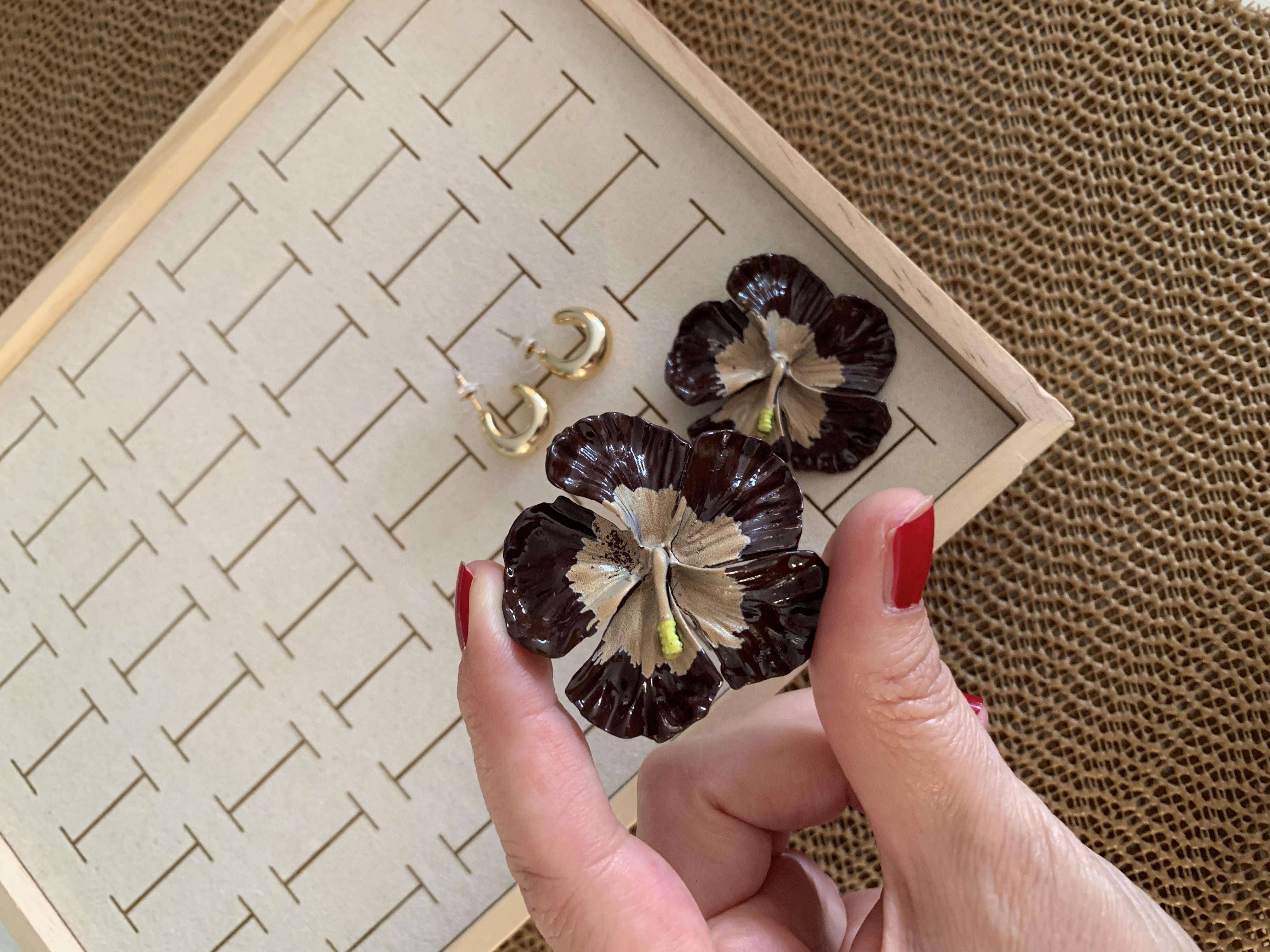 Özel Seri Orj Marka İkili Bombeli Ay Kahverengi Çiçek Küpe