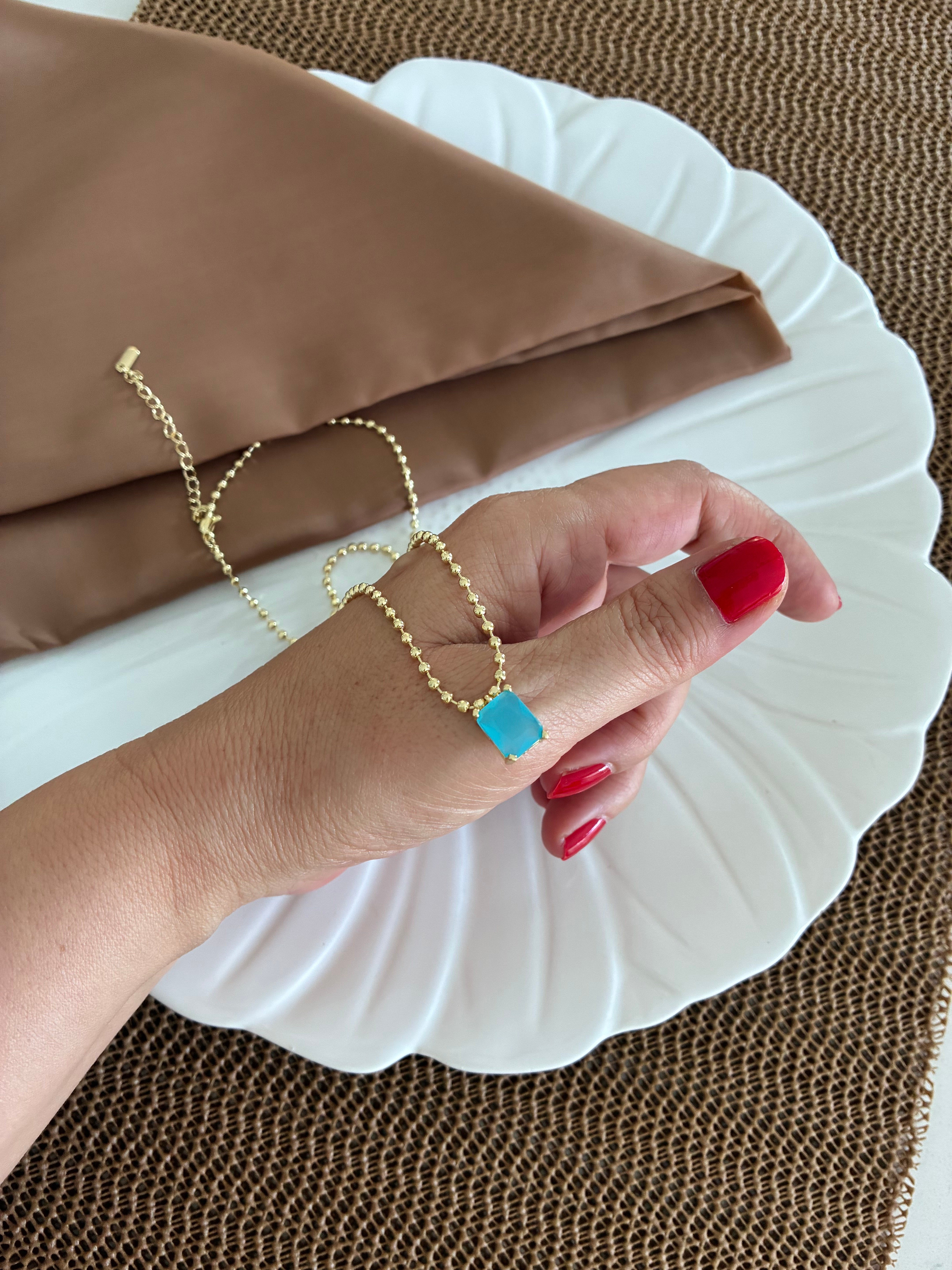 Vip Gold 45 Cm Topçuk Zincir Turkuaz Kare Taşlı Kolye