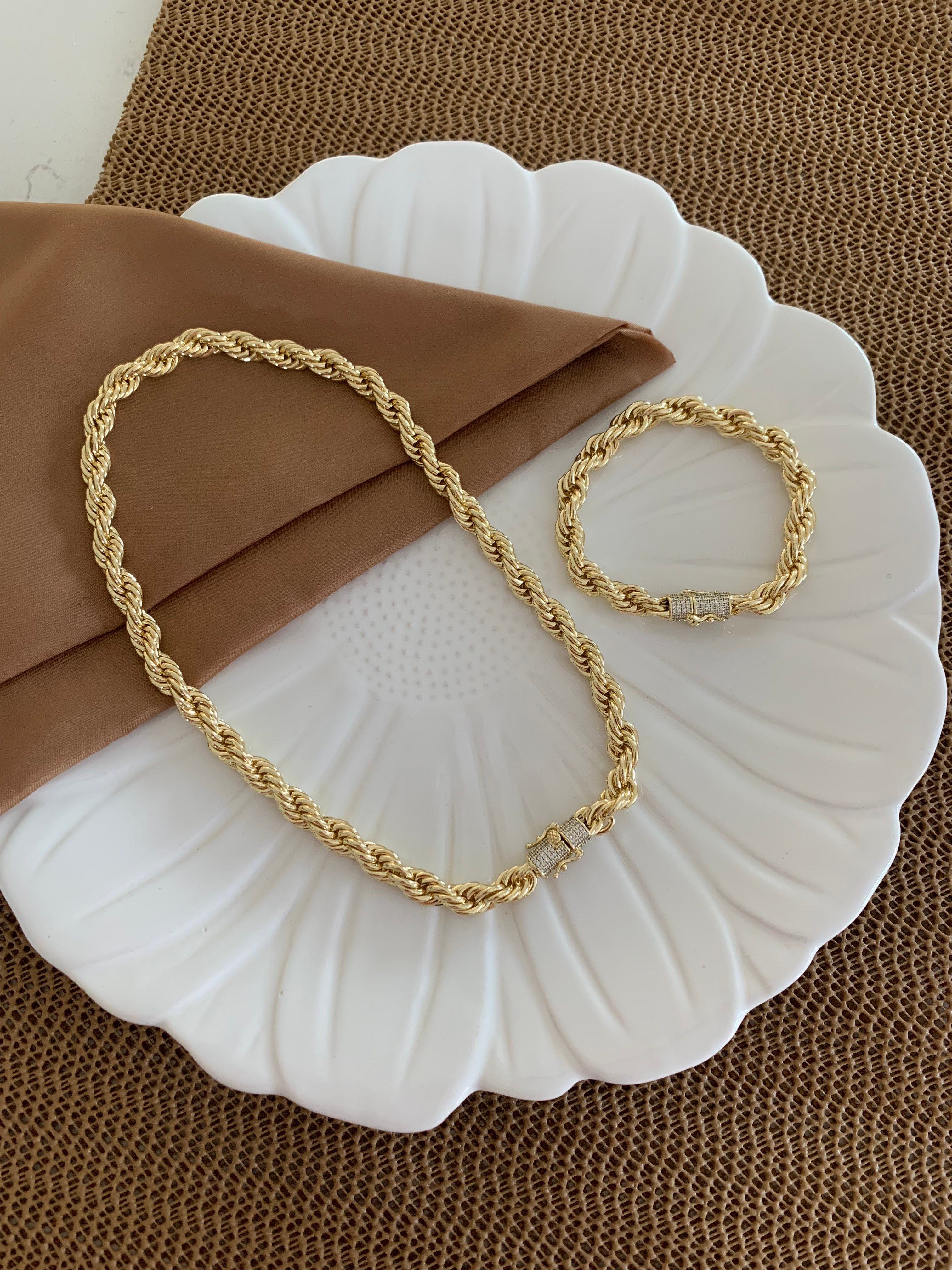 Vip Gold Kalın Burgu Tasarım Kolye Bileklik Set 