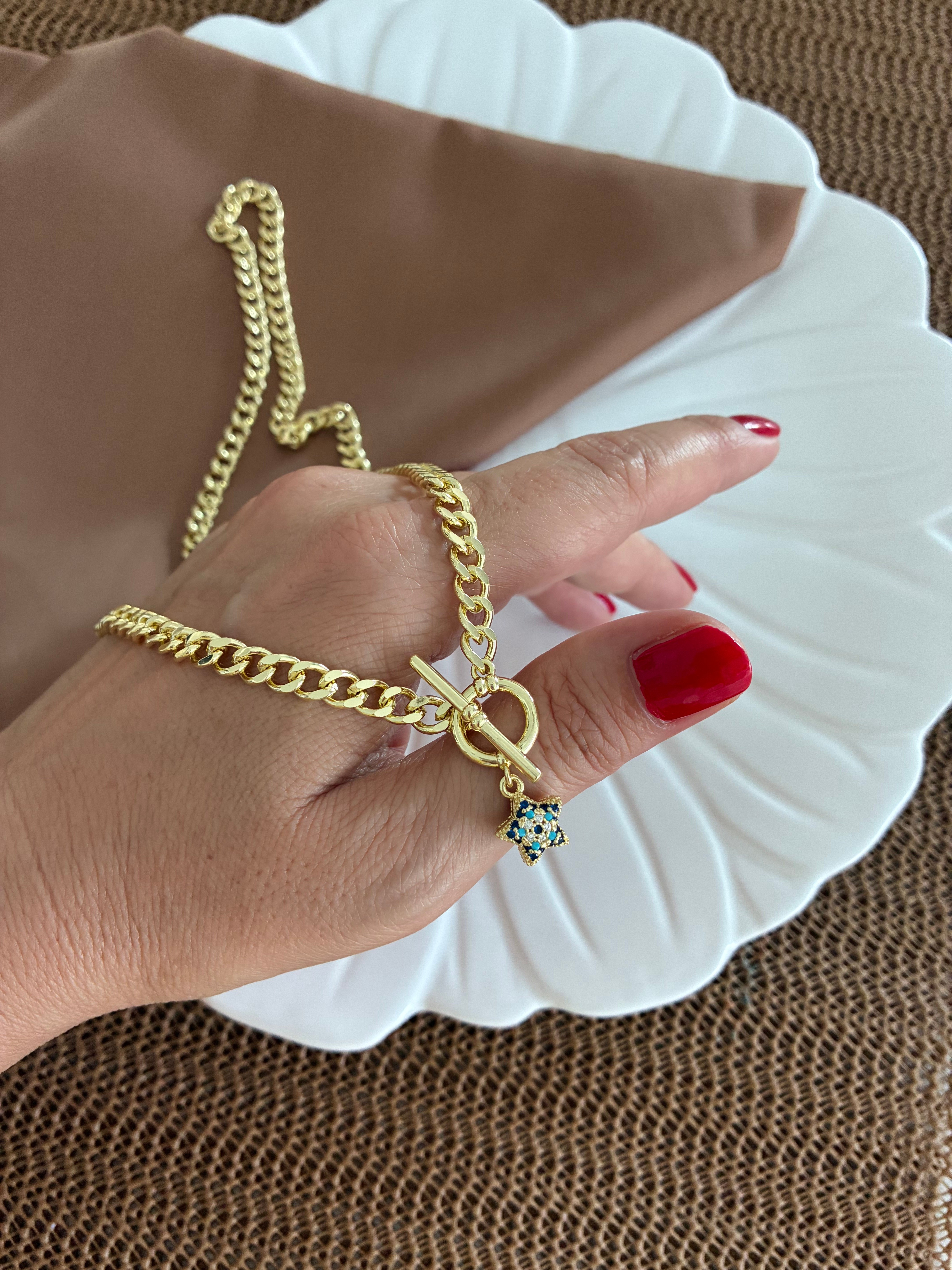 Vip Gold Klasik Zincir Zirkon Taşlı Mavi Yıldız Kilit Uçlu Kolye