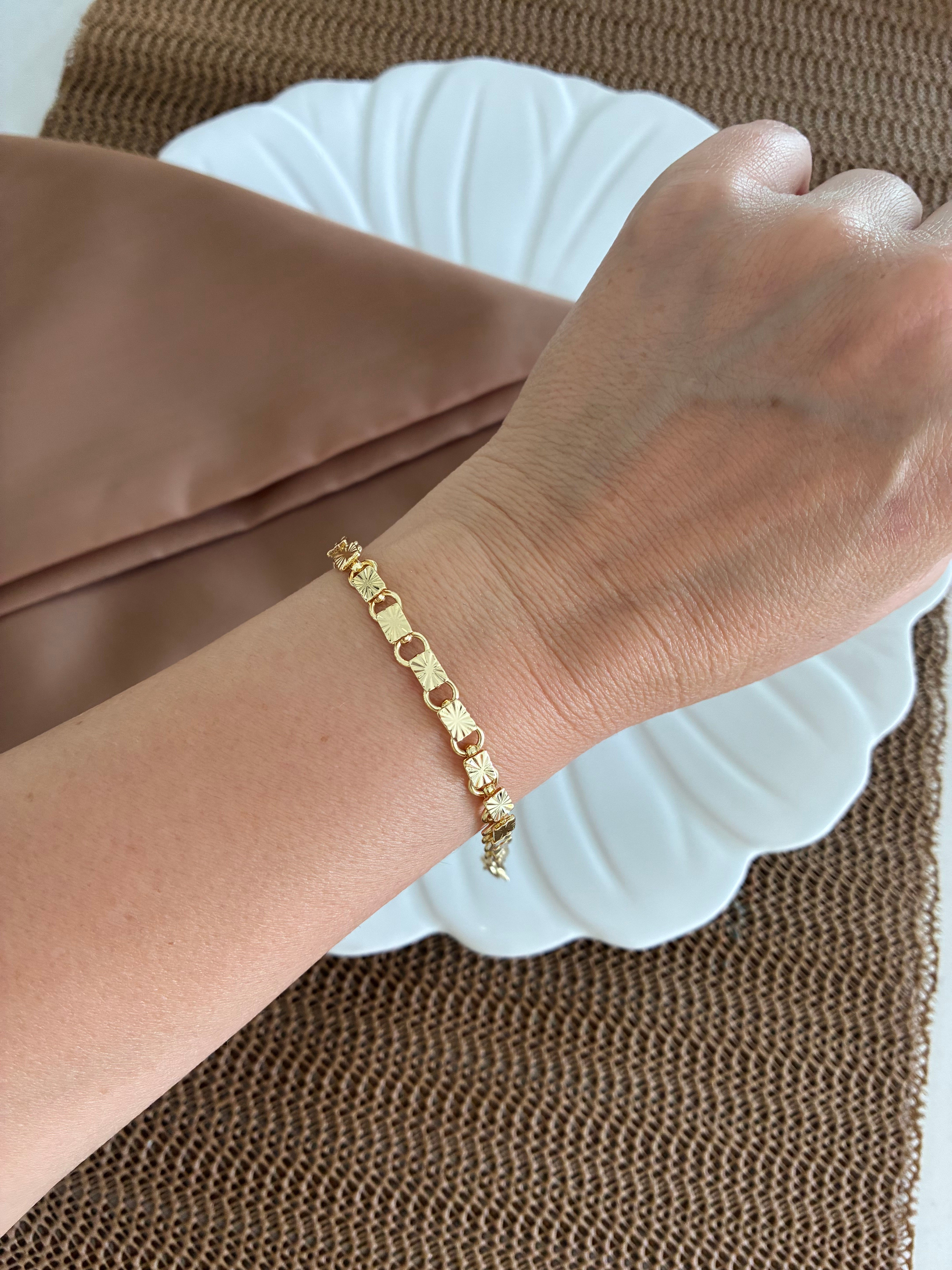 Vip Gold Pırıltılı Lazer Kare Sıralı Bileklik