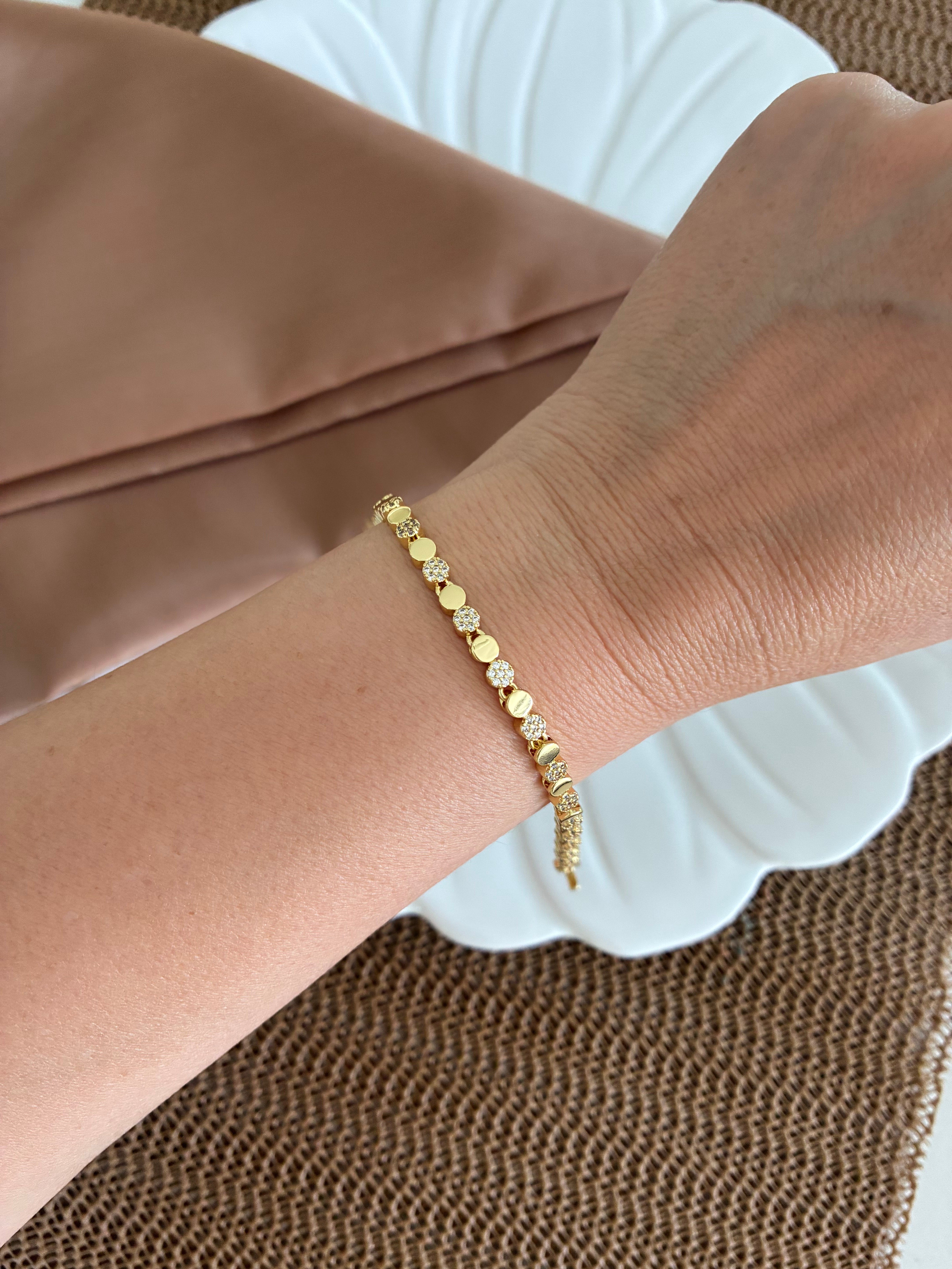 Vip Gold Plaka Zirkon Taşlı Mini Daire  Sıralı Bileklik