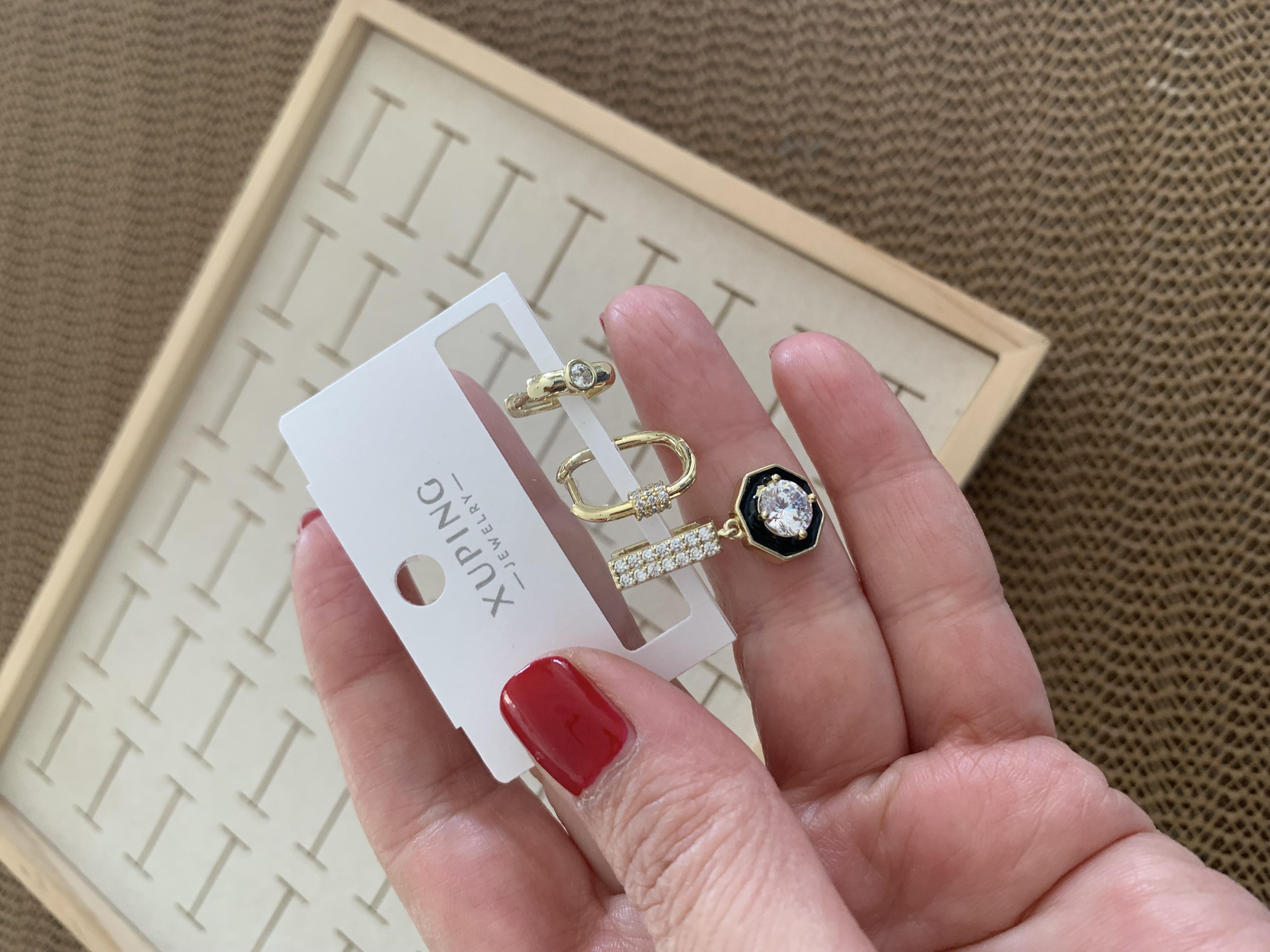 Vip Gold Siyah Mineli Zirkon Taşlı Üçlü Set Halka Küpe