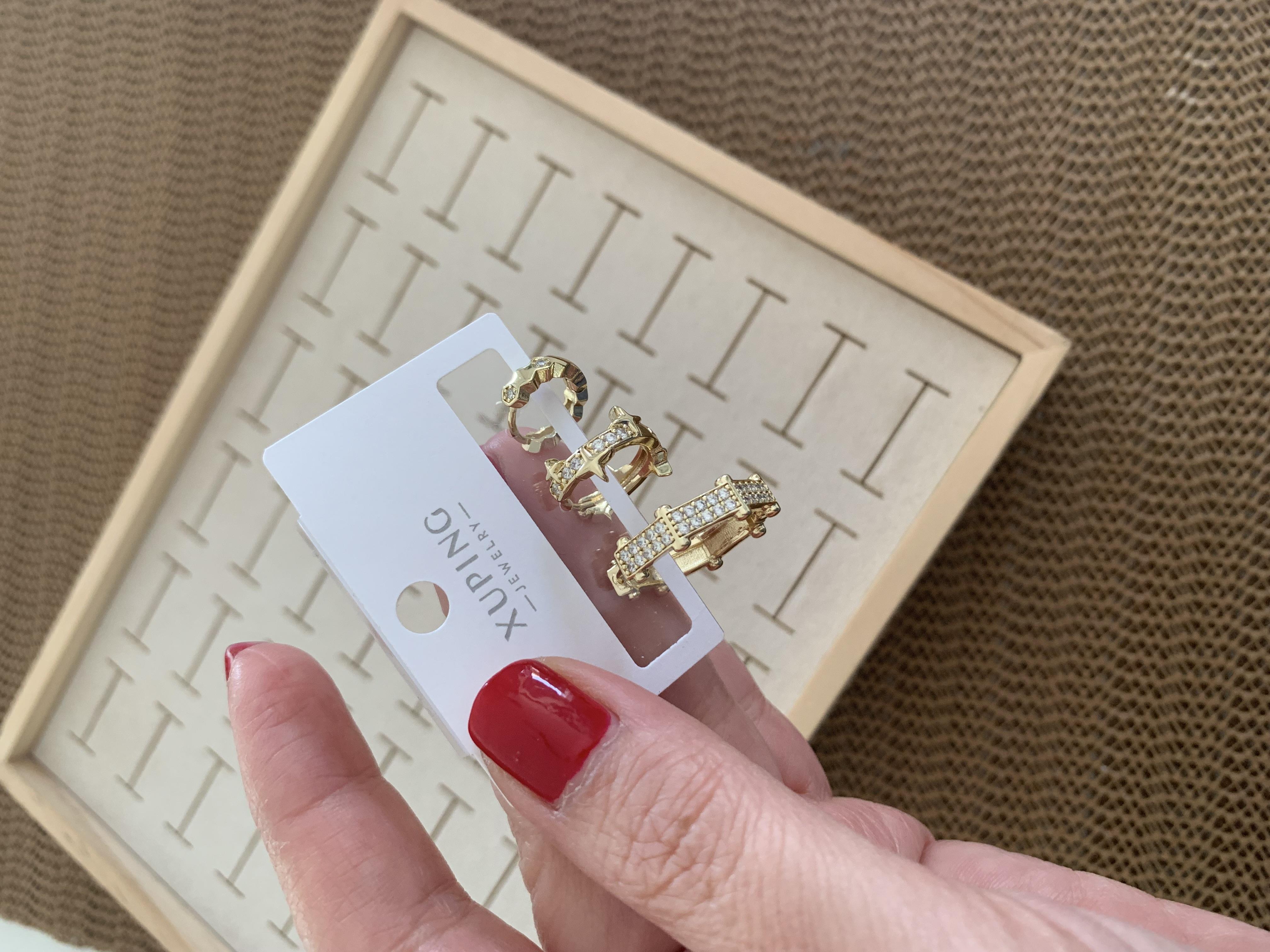 Vip Gold Zirkon Taşlı Biyeli Üçlü Set Halka Küpe