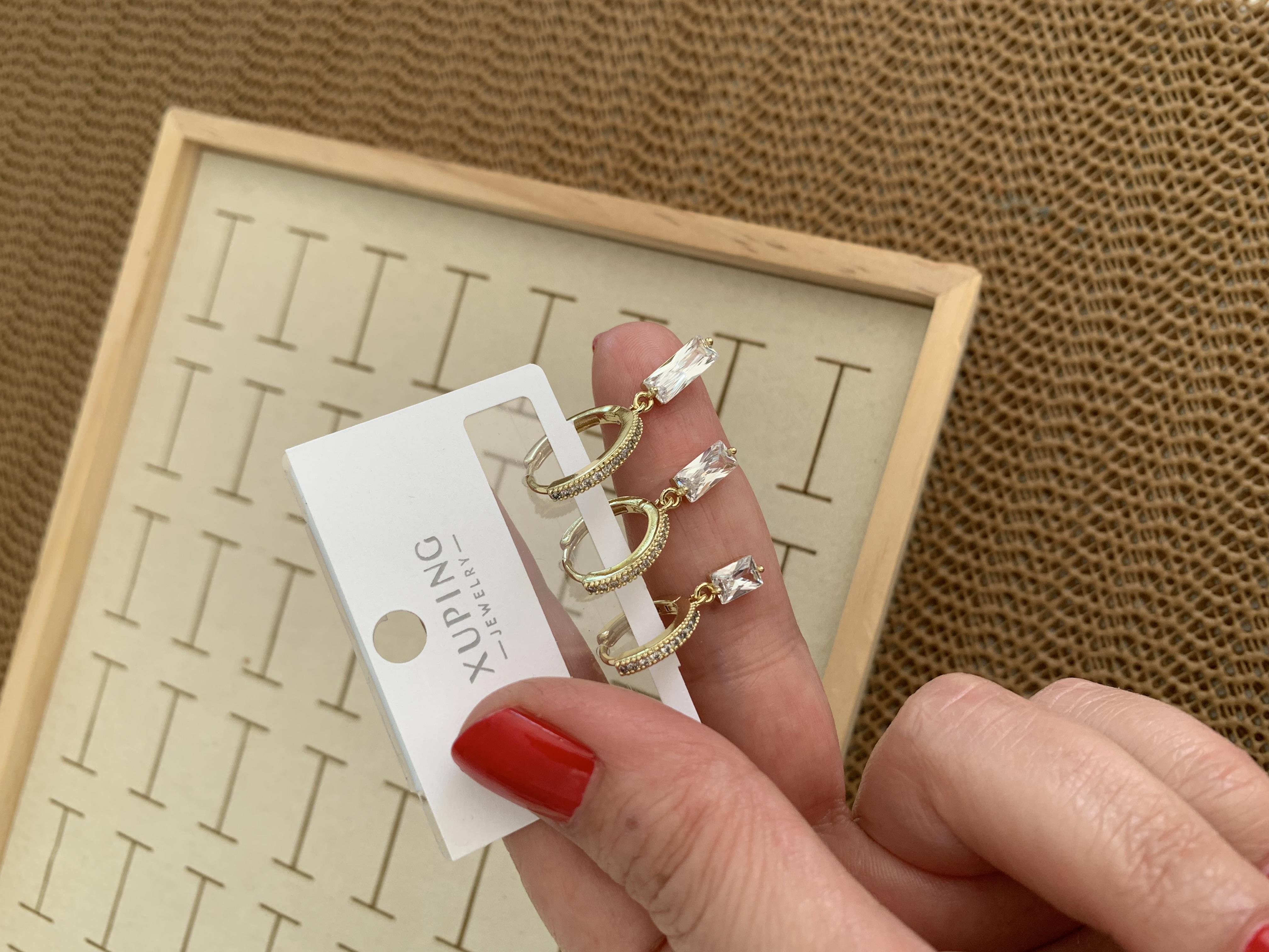 Vip Gold Zirkon Taşlı Çubuk Sallantılı Üçlü Set Halka Küpe