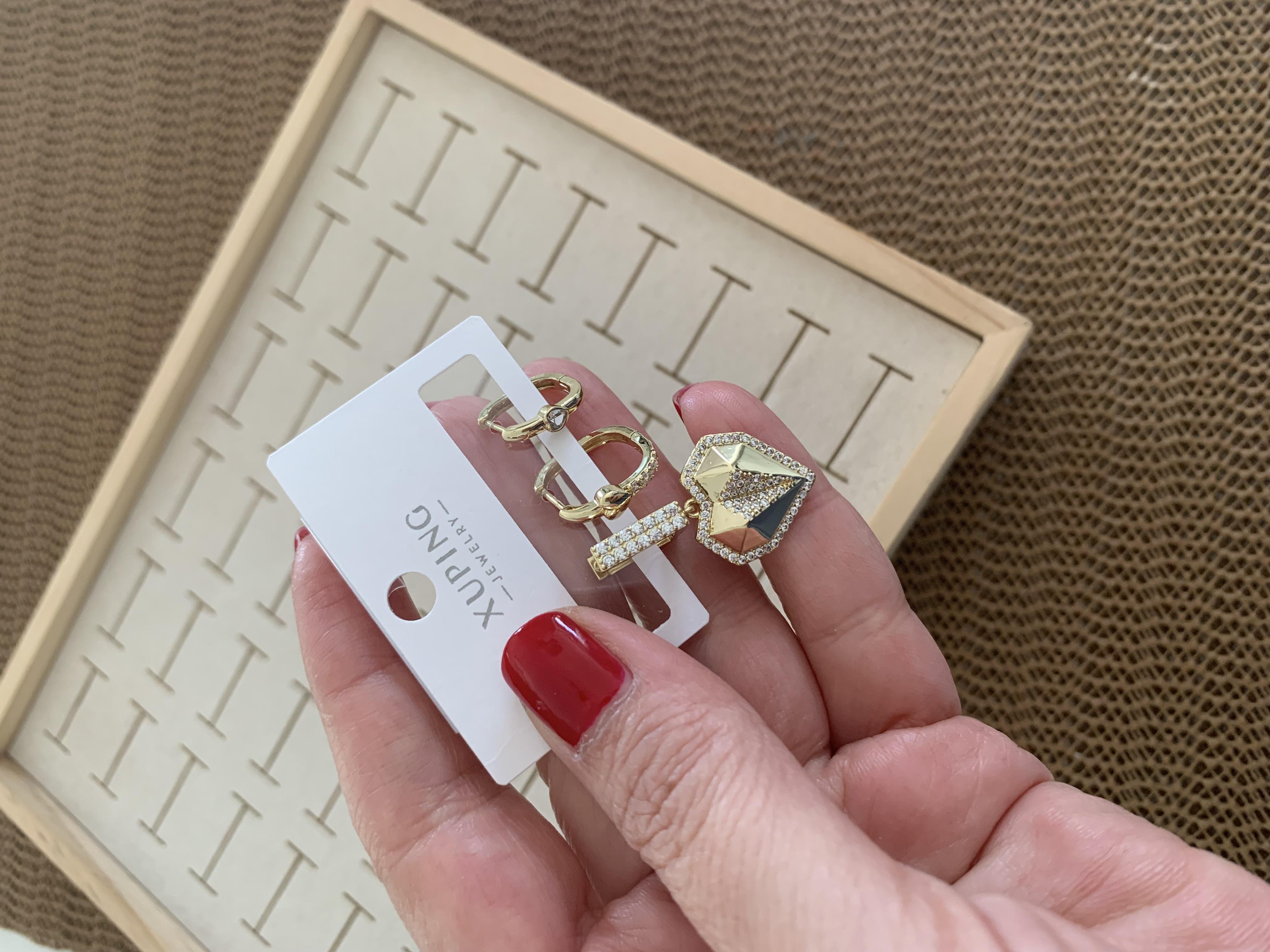 Vip Gold Zirkon Taşlı Elmas Kalp Üçlü Set Halka Küpe