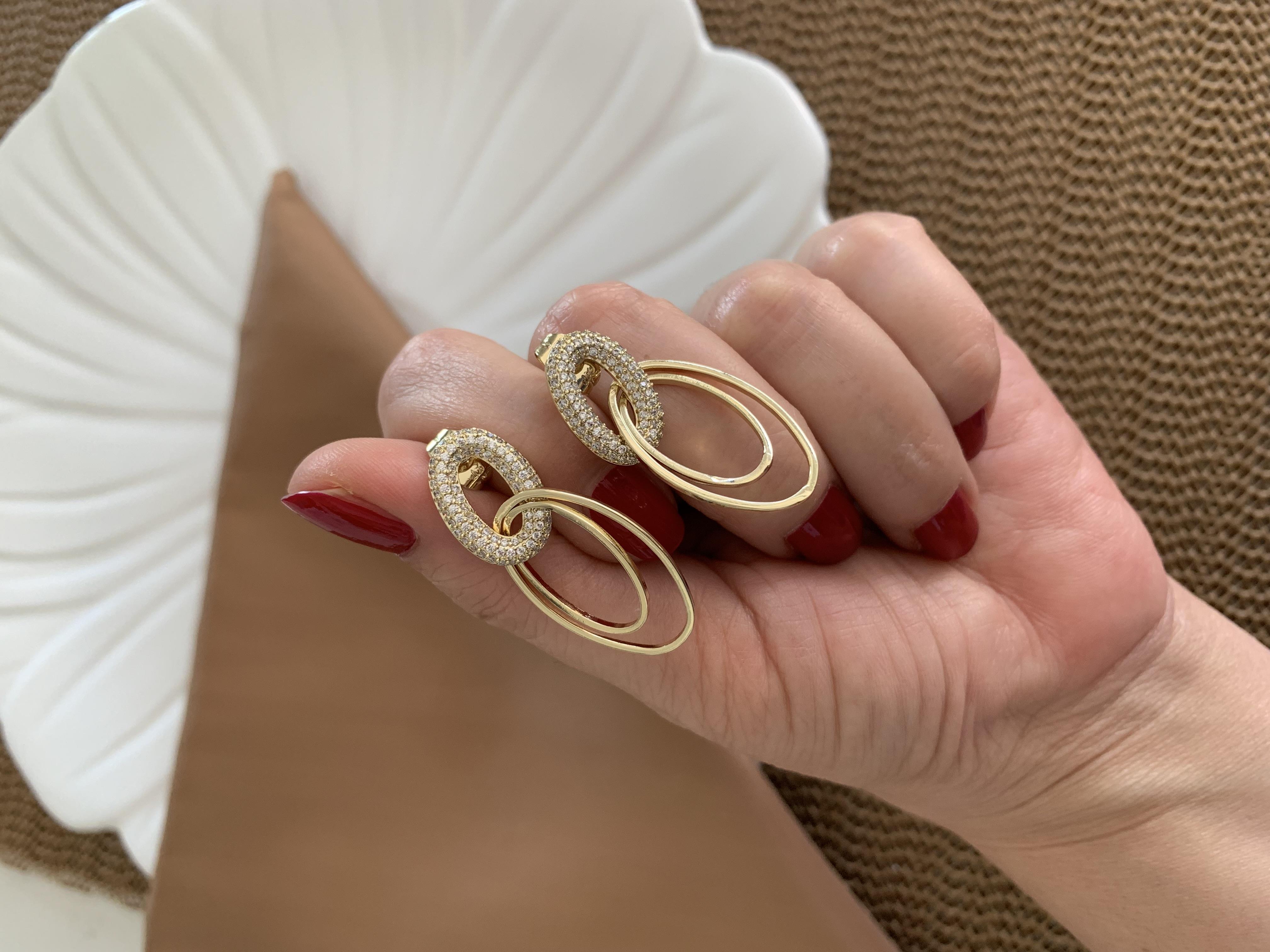 Vip Gold Zirkon Taşlı İkili İç İçe Geçme Oval Tasarım Küpe