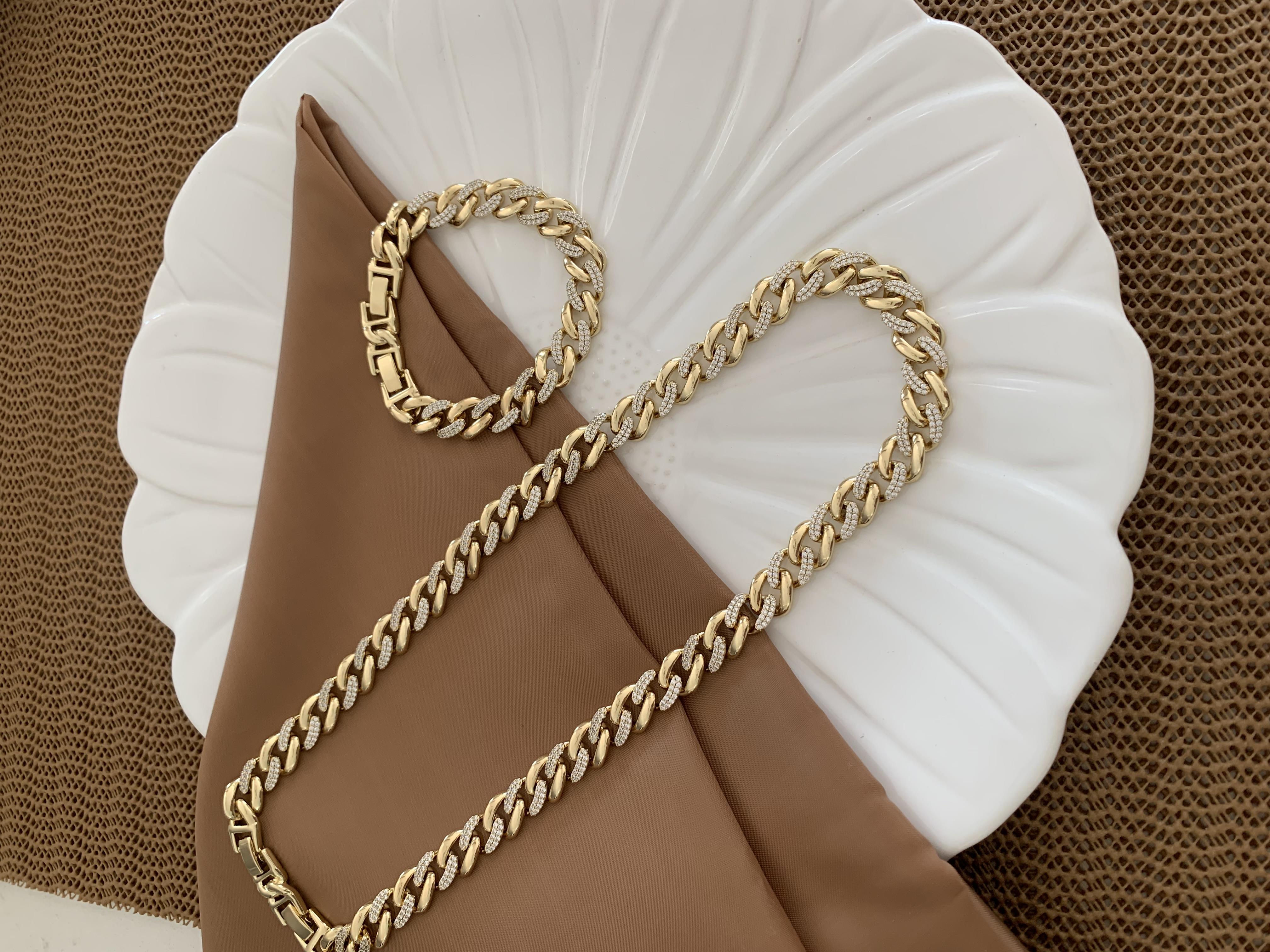 Vip Gold Zirkon Taşlı Kesme Zincir Kolye Bileklik Set