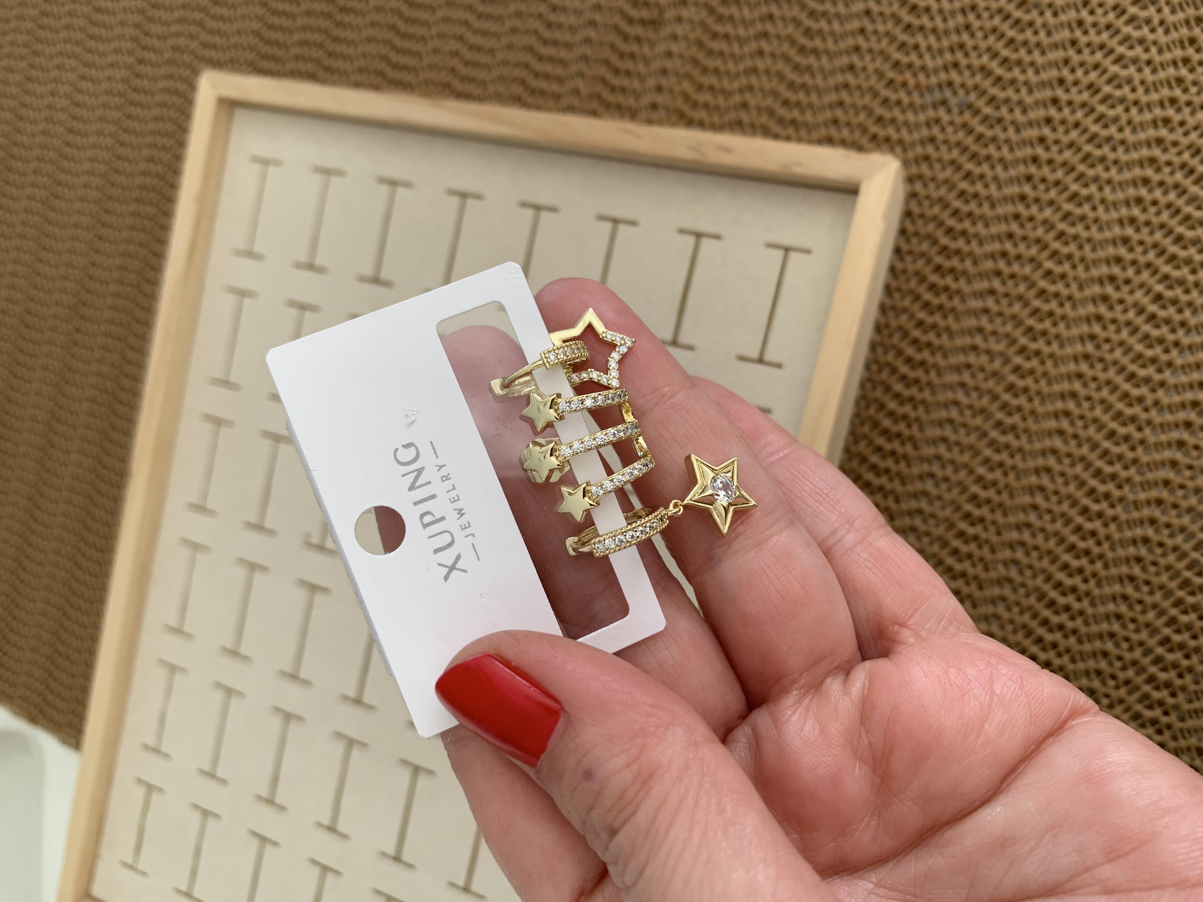 Vip Gold  Zirkon Taşlı Tasarım Yıldız Üçlü Set Küpe