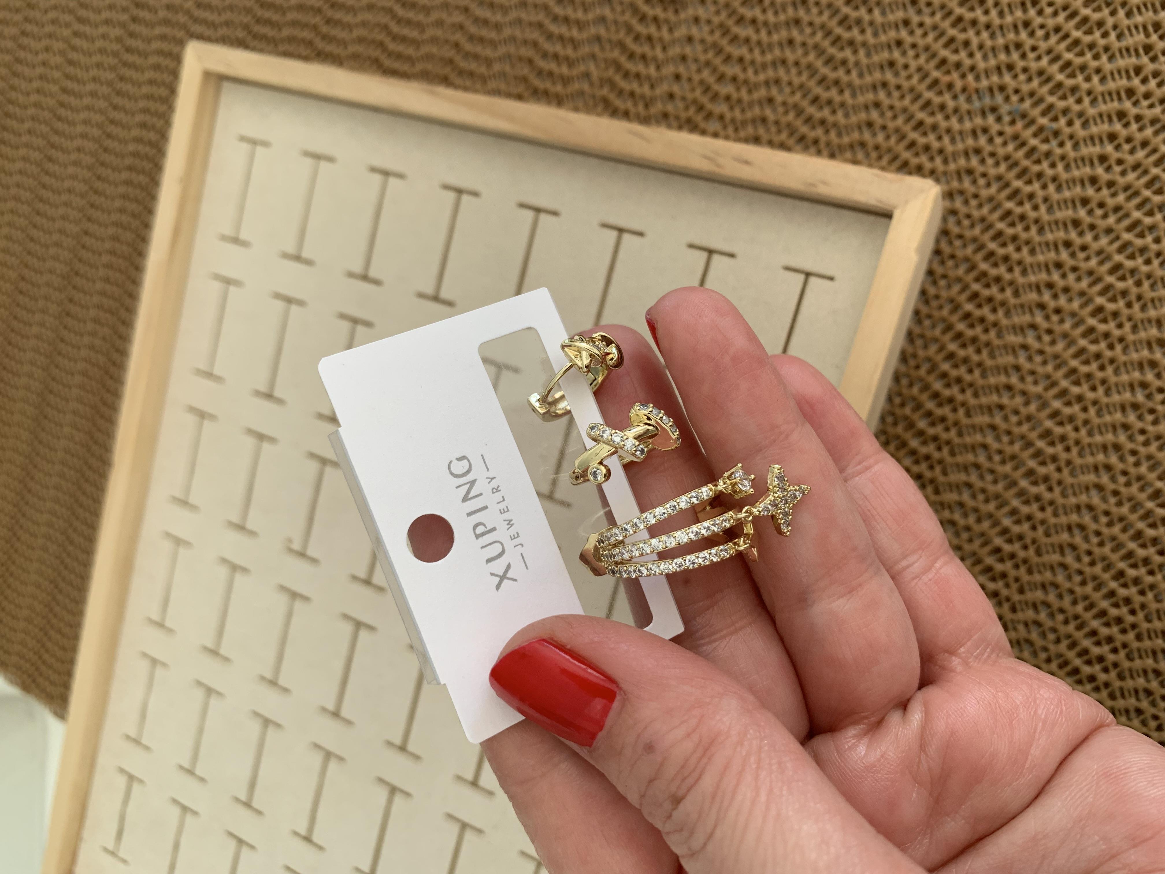 Vip Gold  Zirkon Taşlı Üç Sıra Tasarım Yıldız Üçlü Set Küpe