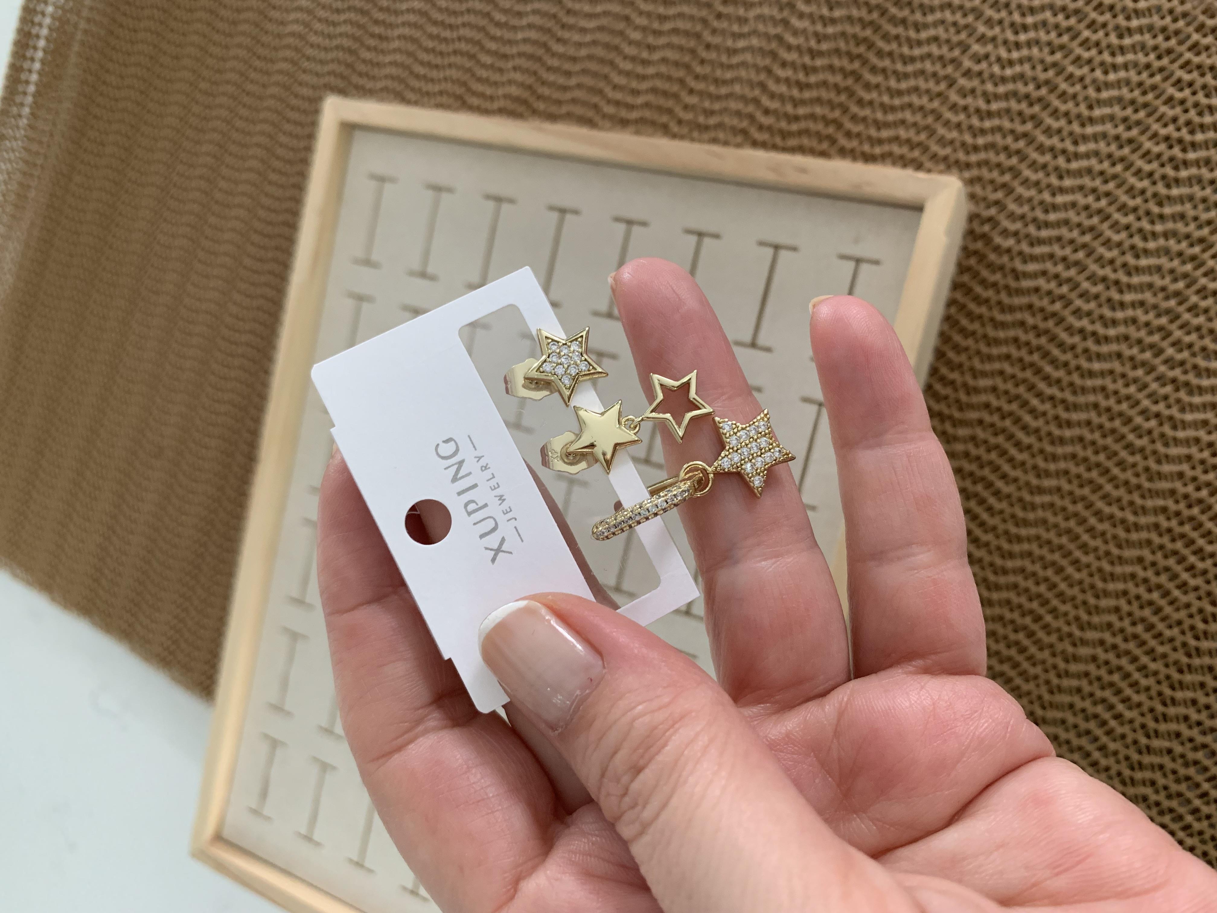 Vip Gold Zirkon Taşlı Yıldız Sallantılı Üçlü Set Küpe