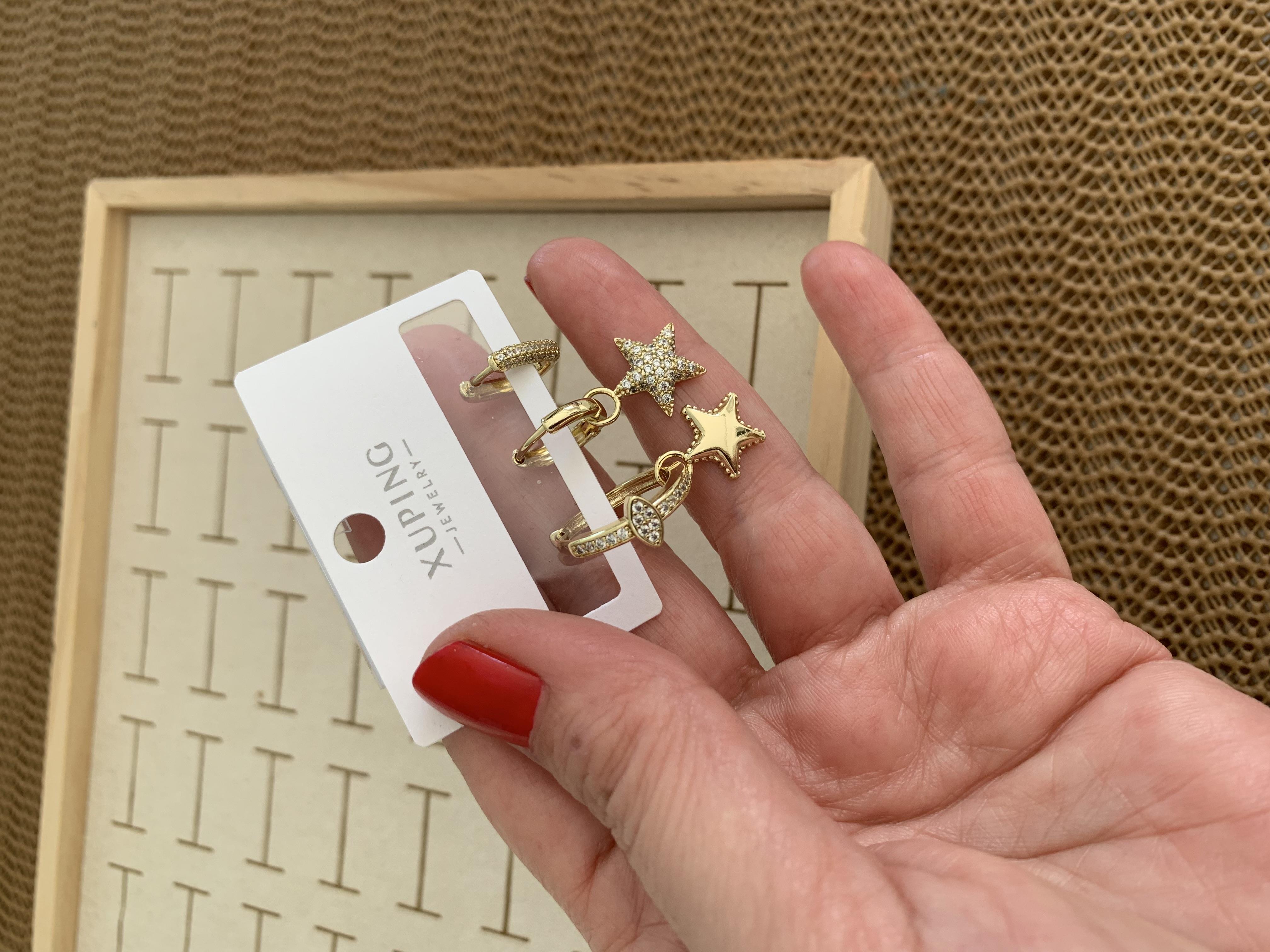 Vip Gold Zirkon Taşlı Yıldız Üçlü Set Küpe