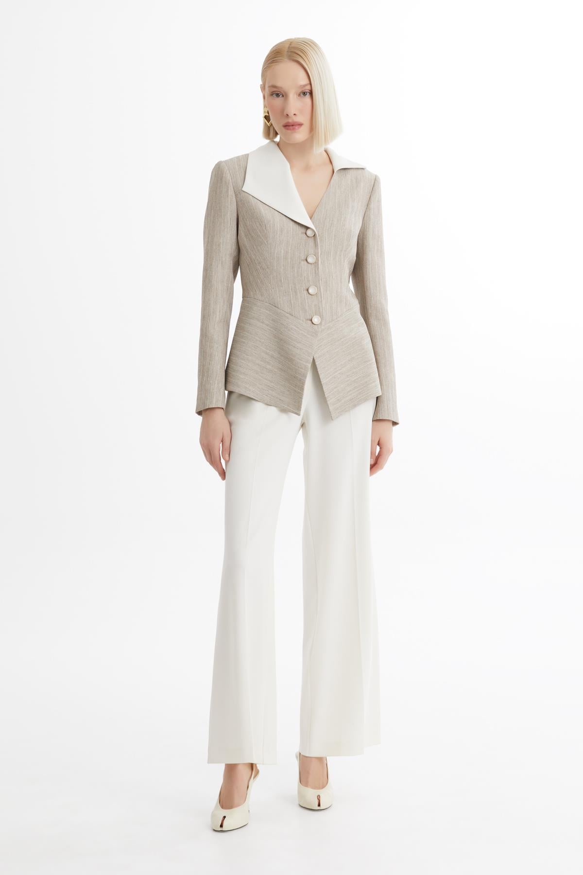 Asimetrik Kesim Kahverengi Blazer Takım