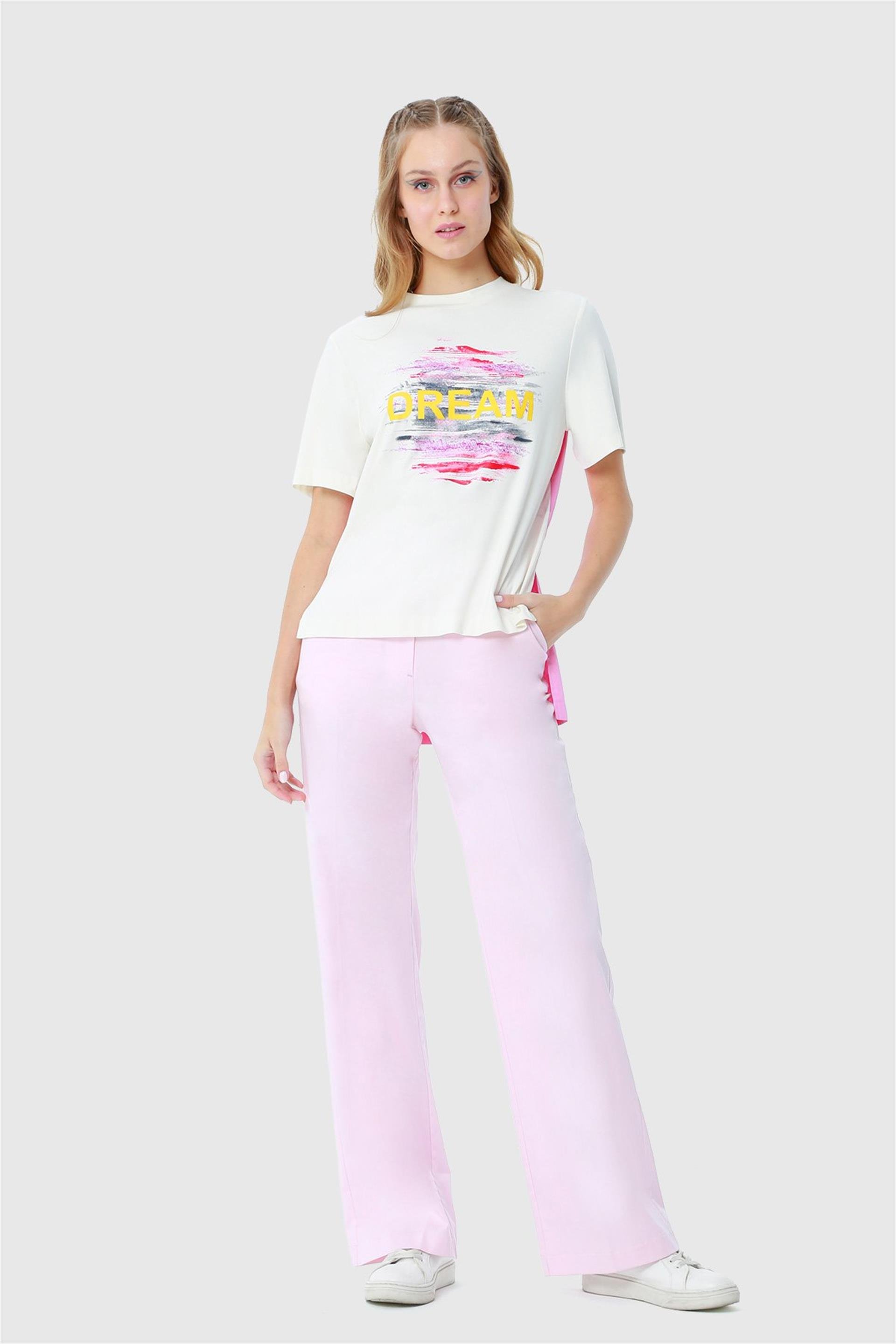 Dream Yazı Baskı Detaylı Arkası Poplin Garnili Örme Ekru T-Shırt