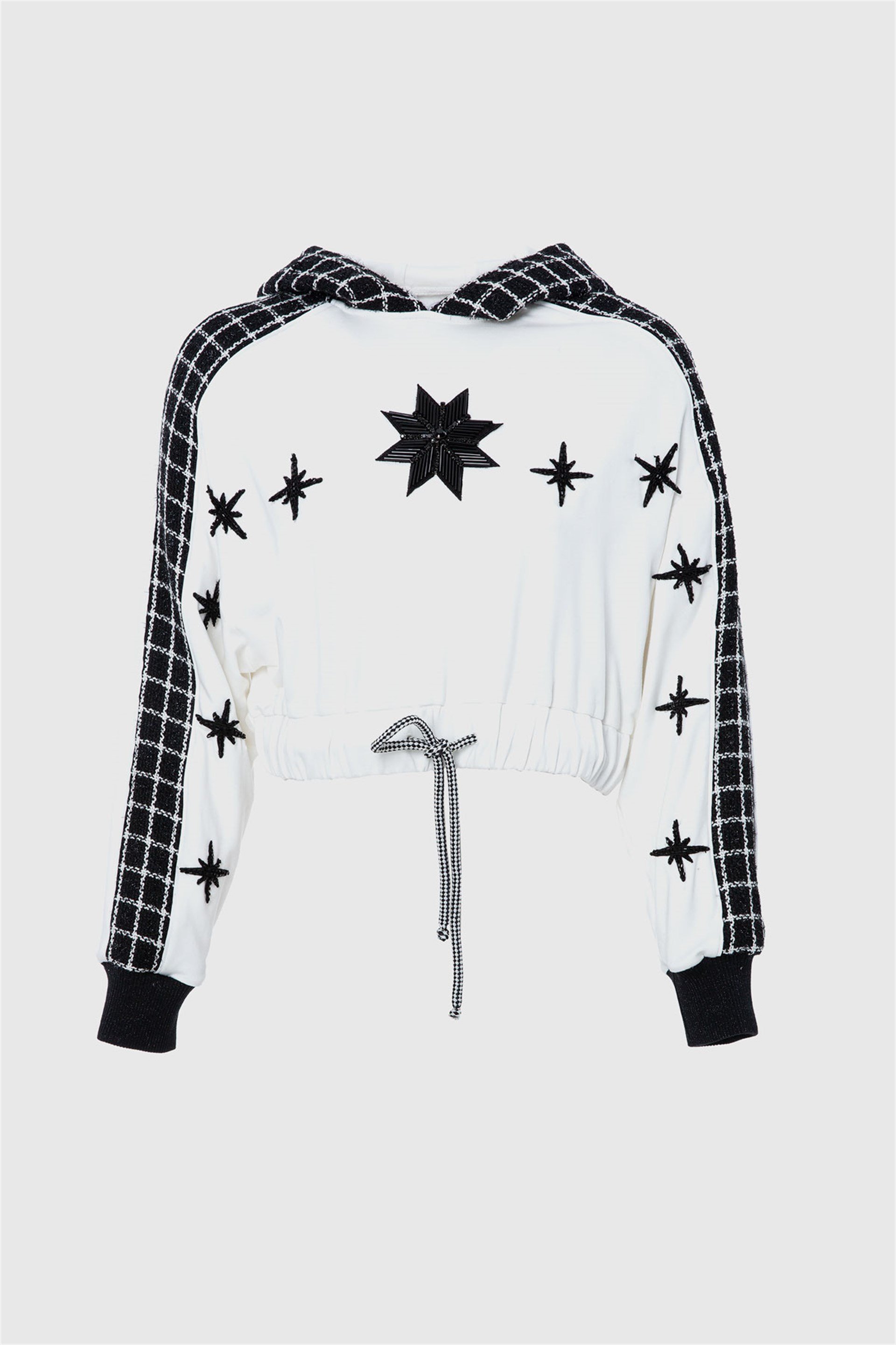 Ekose Detaylı İşlemeli Kapşonlu Ekru Sweatshirt