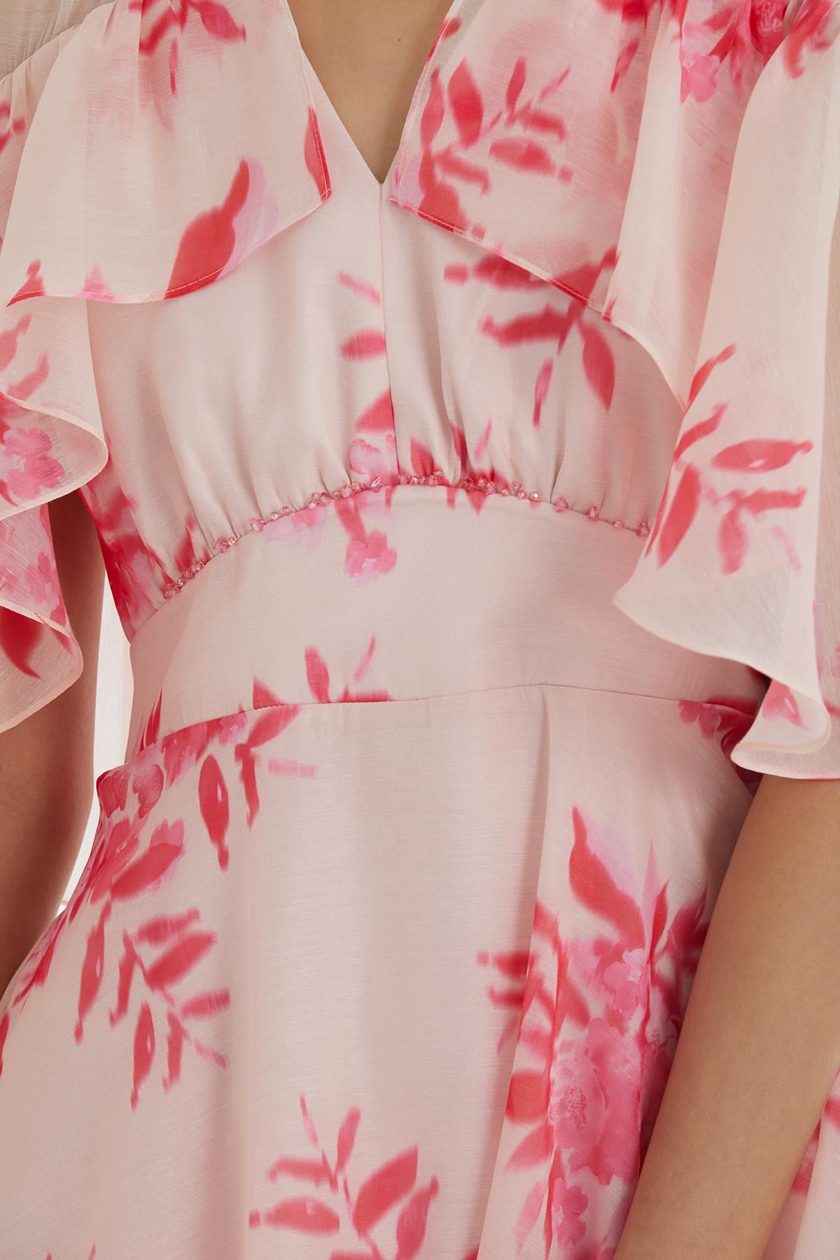 Powder Pink Ruffle Dress Pink Embroidered Patterned Ruffle Dress