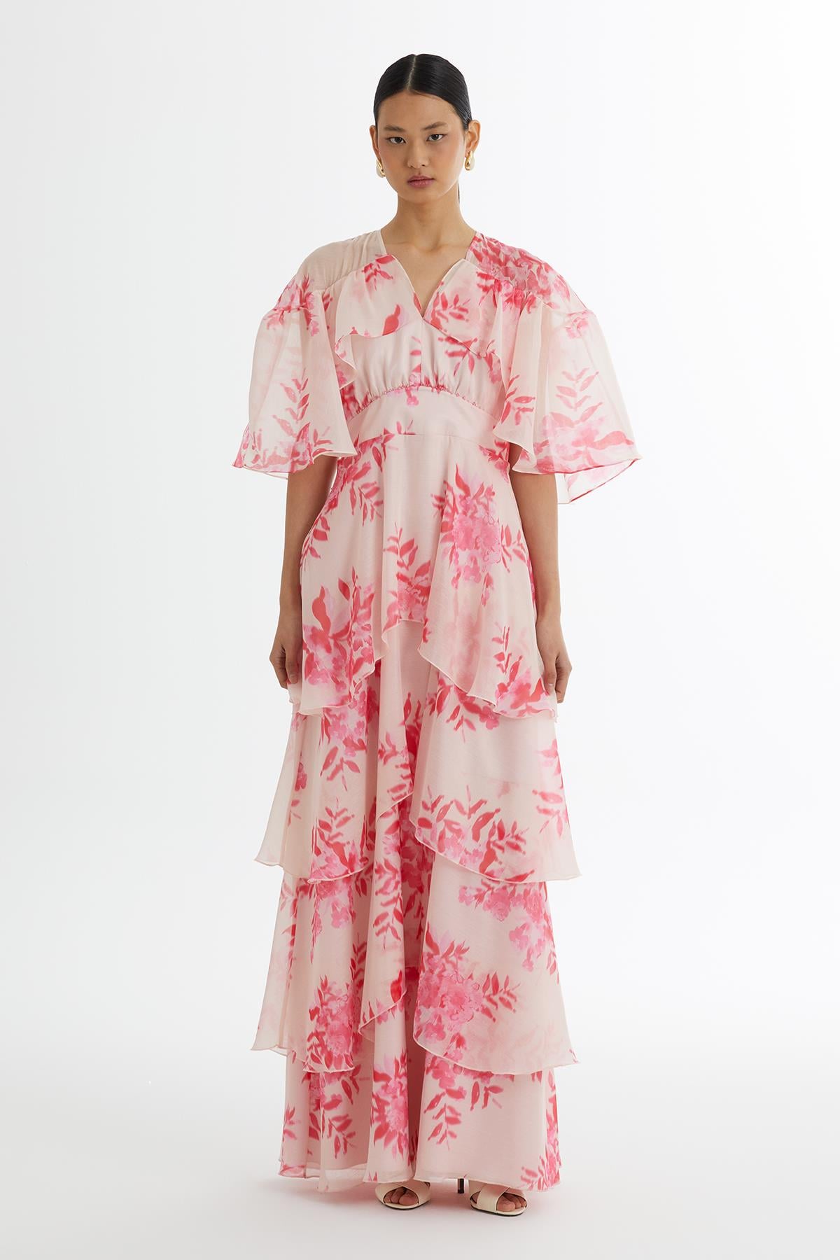 İşlemeli Desenli Volanlı Pembe Elbise