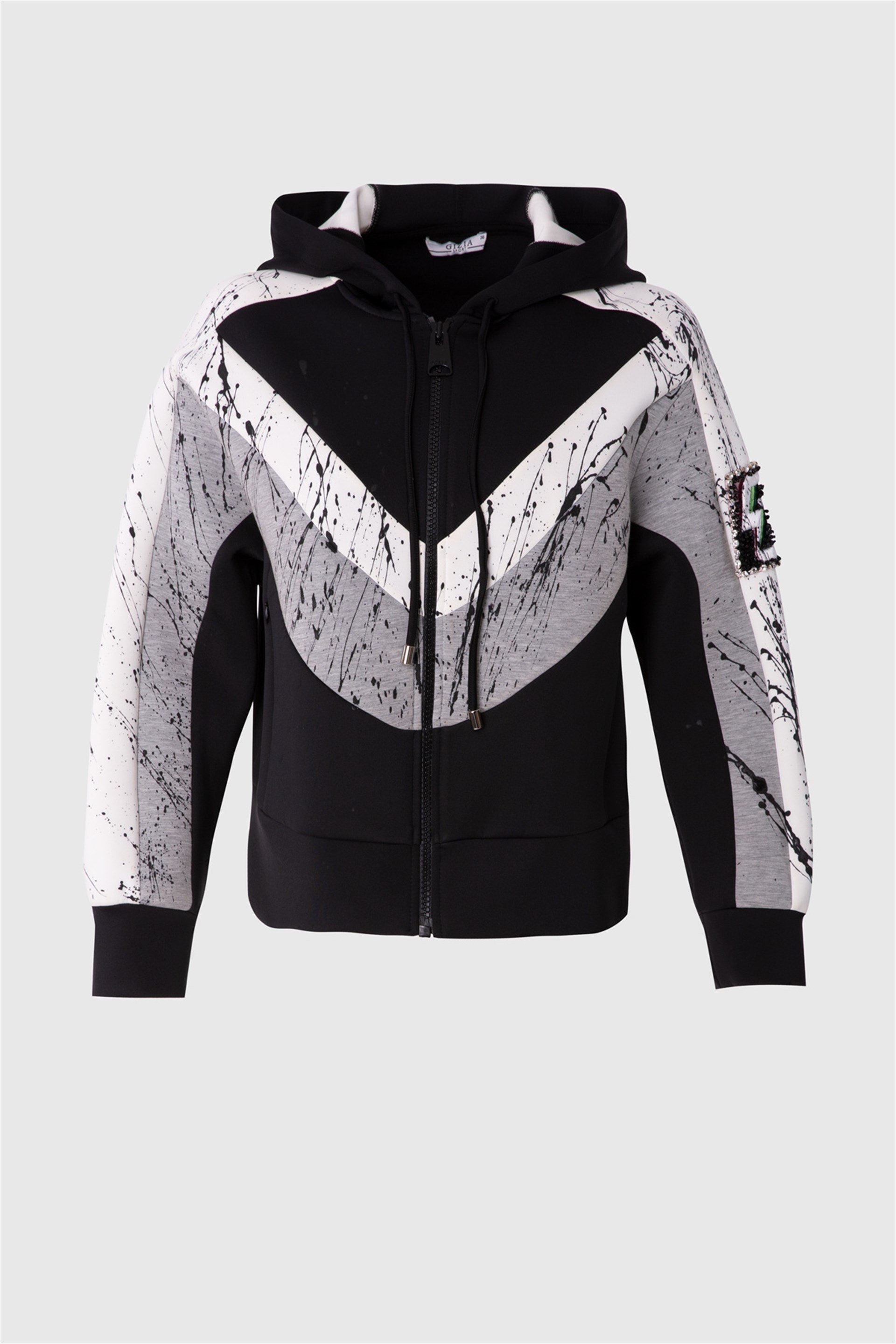 Kontrast Küp Detaylı Kapuşonlu Fermuarlı Siyah Üst