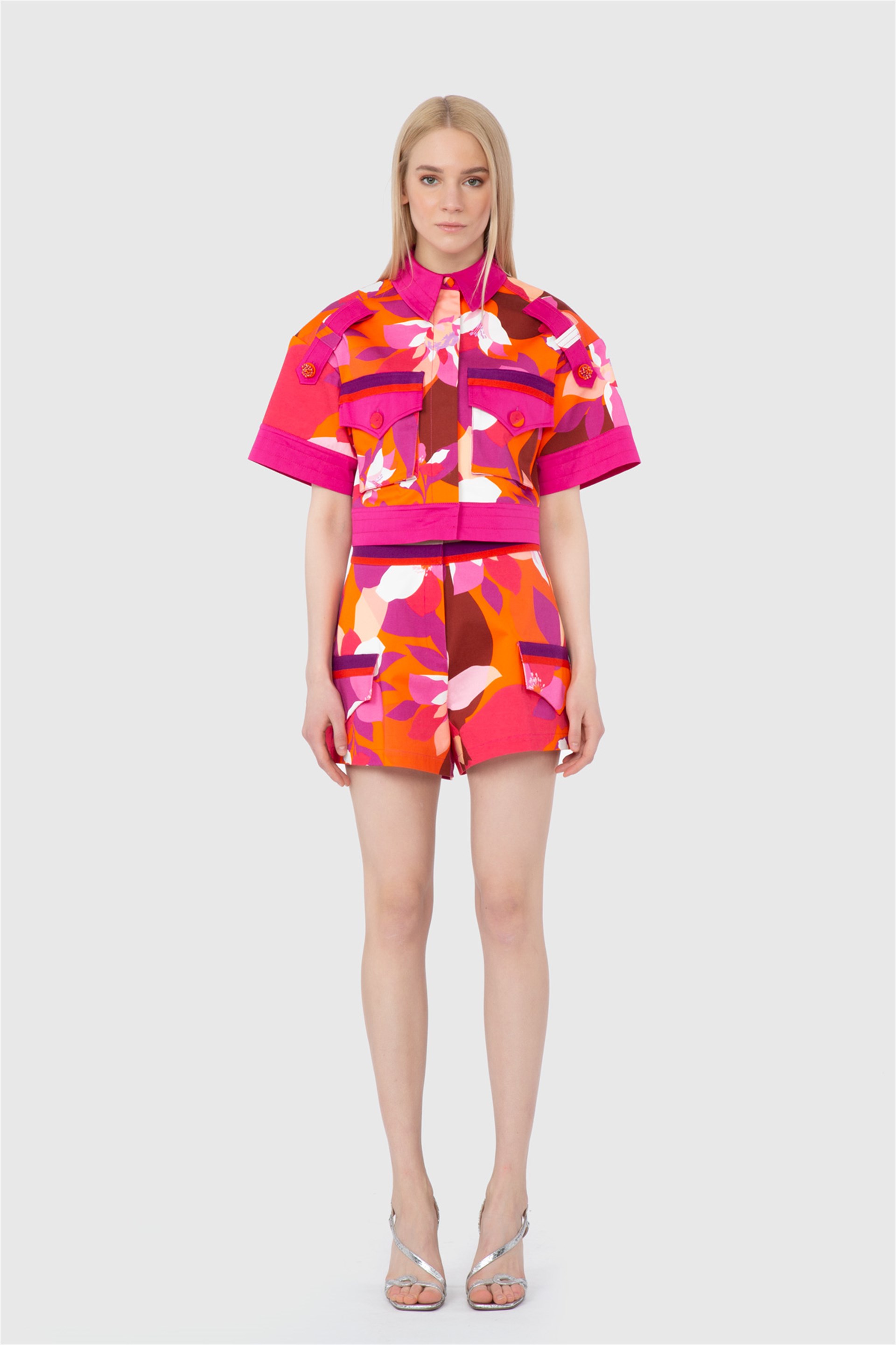 Koton Kumaş Baskılı Triko Şerit Crop Turuncu Üst