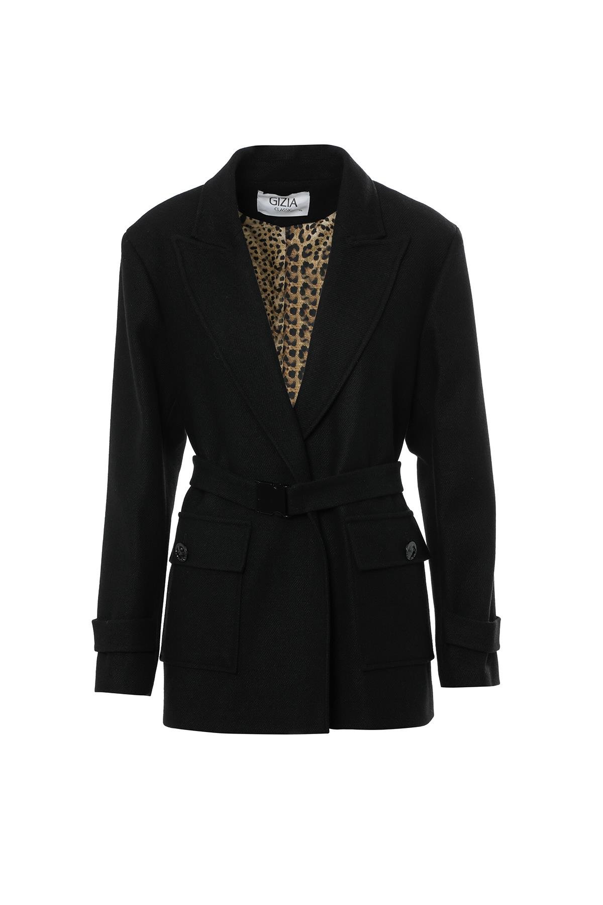 Kruvaze Yaka Kemerli Ve Cepli Siyah Ceket