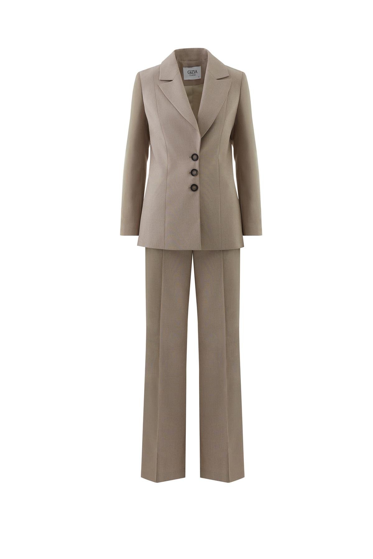 Mono Kapamalı Bele Oturan Pol Paça Pantolonlu Gri Takım