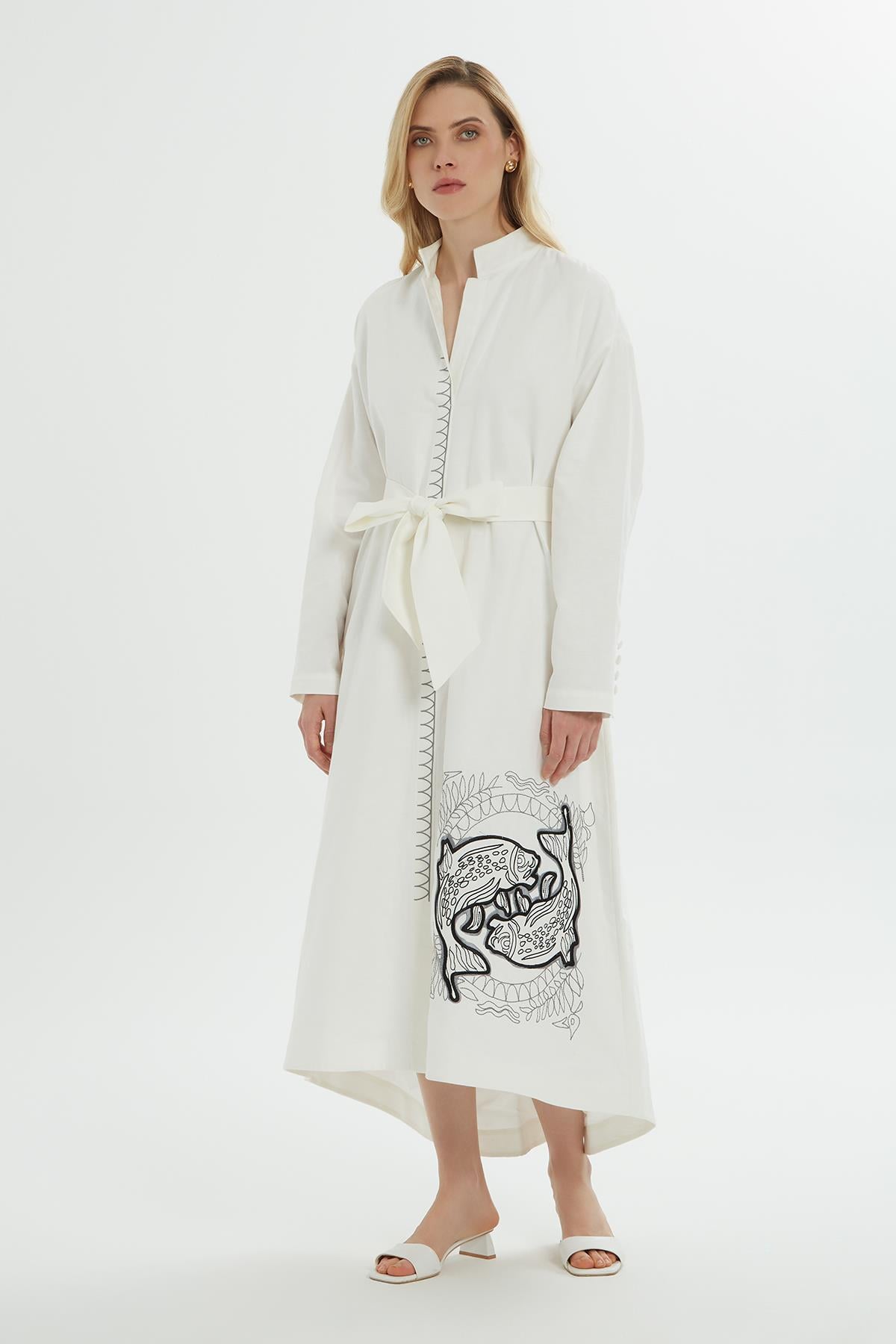 Nakış Detaylı Oversize Ekru Gömlek Elbise